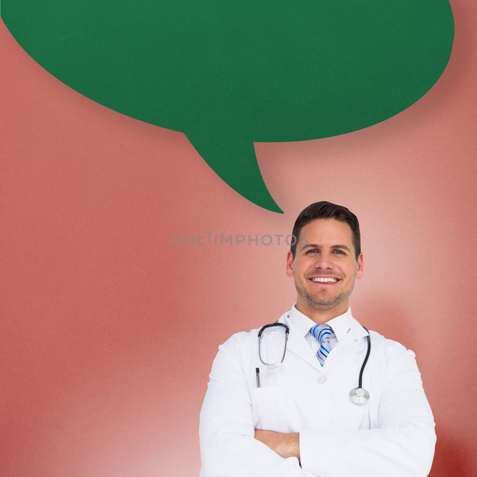 Handsome doctor with arms crossed with speech bubble against yellow background with vignette