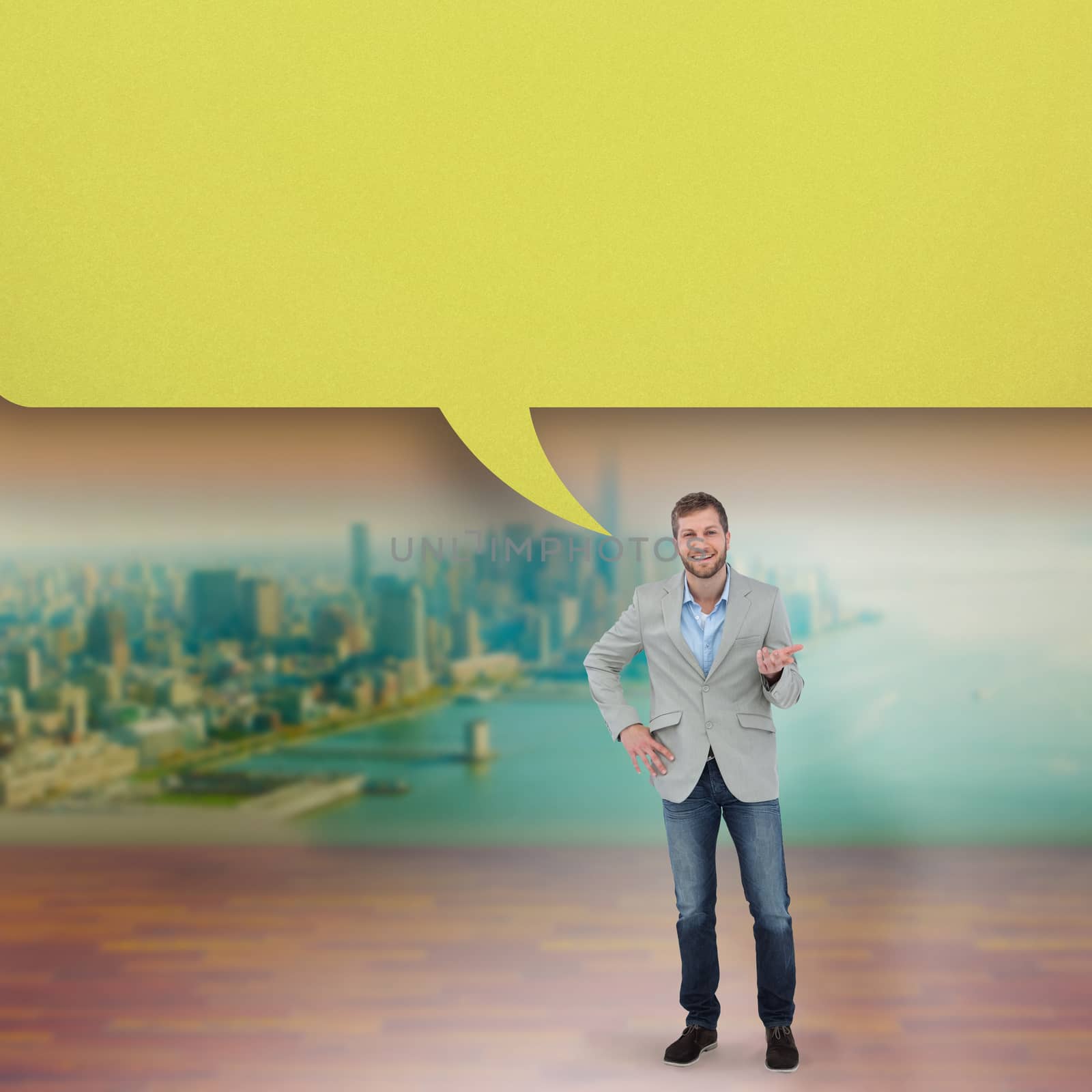 Composite image of stylish man smiling and gesturing with speech bubble by Wavebreakmedia