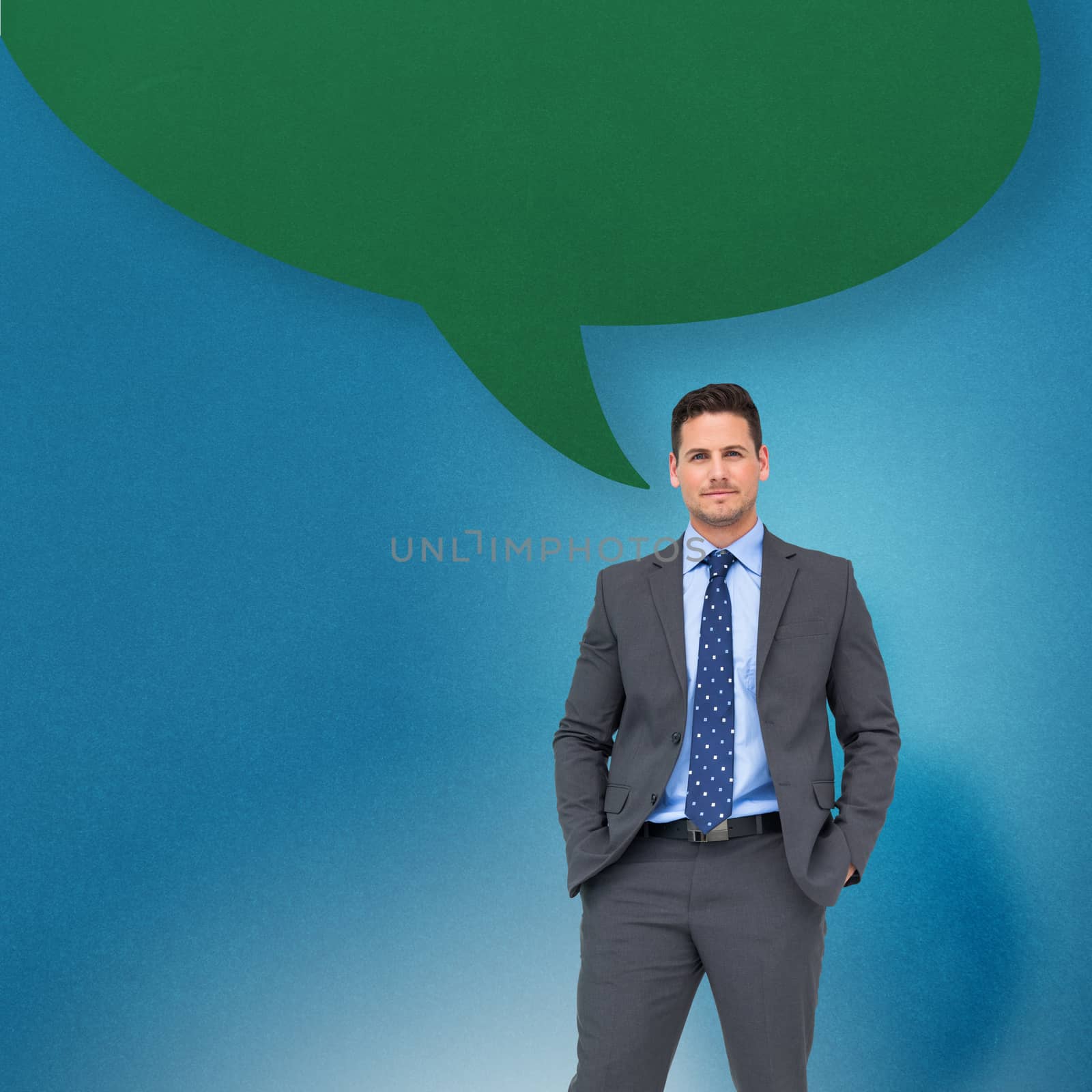 Thinking businessman with speech bubble against blue background with vignette