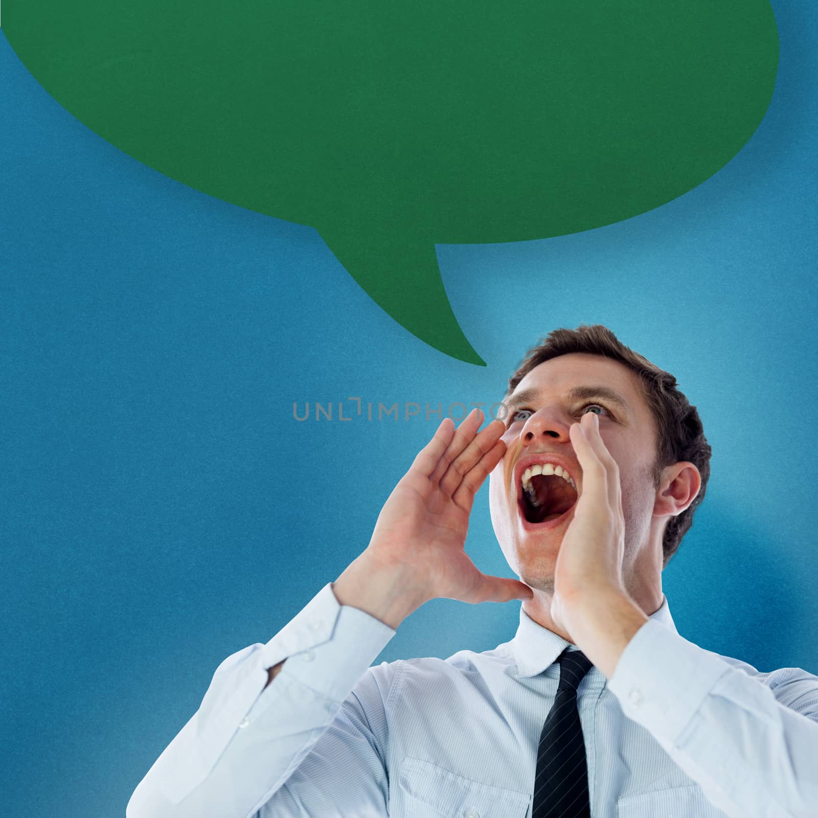 Businessman shouting with speech bubble against blue background with vignette