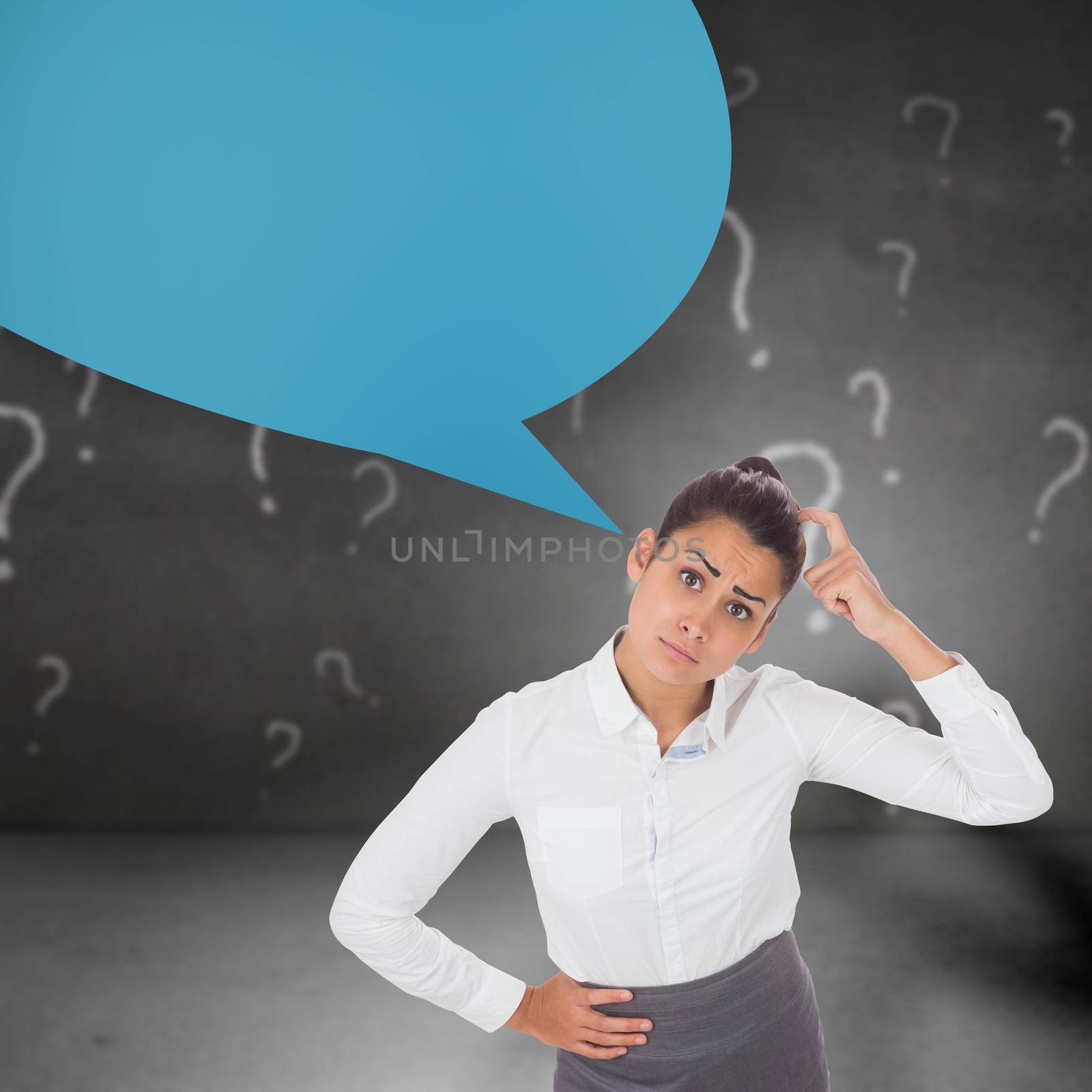 Worried businesswoman against speech bubble