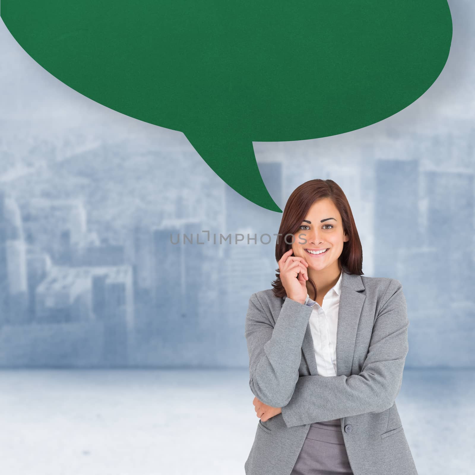 Composite image of smiling thoughtful businesswoman with speech bubble by Wavebreakmedia