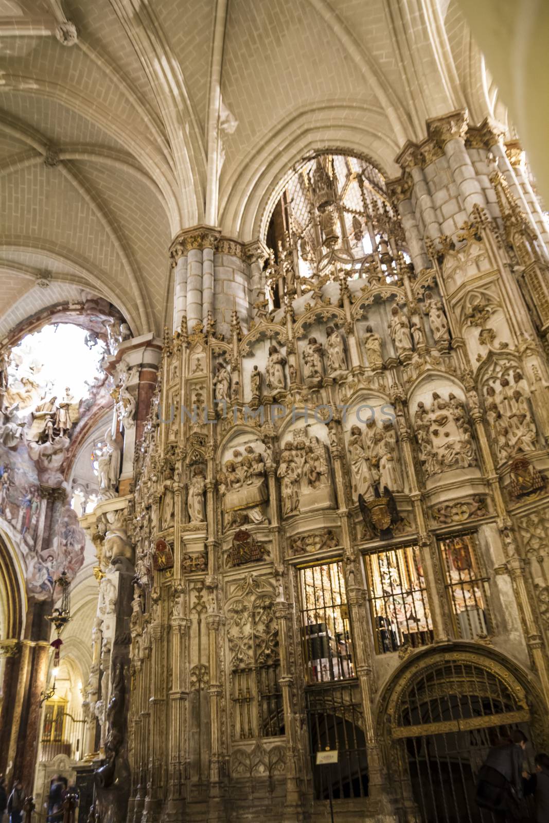 Interior of Toledo Cathedral. Arcs, organ, columns and gothic art. Spain