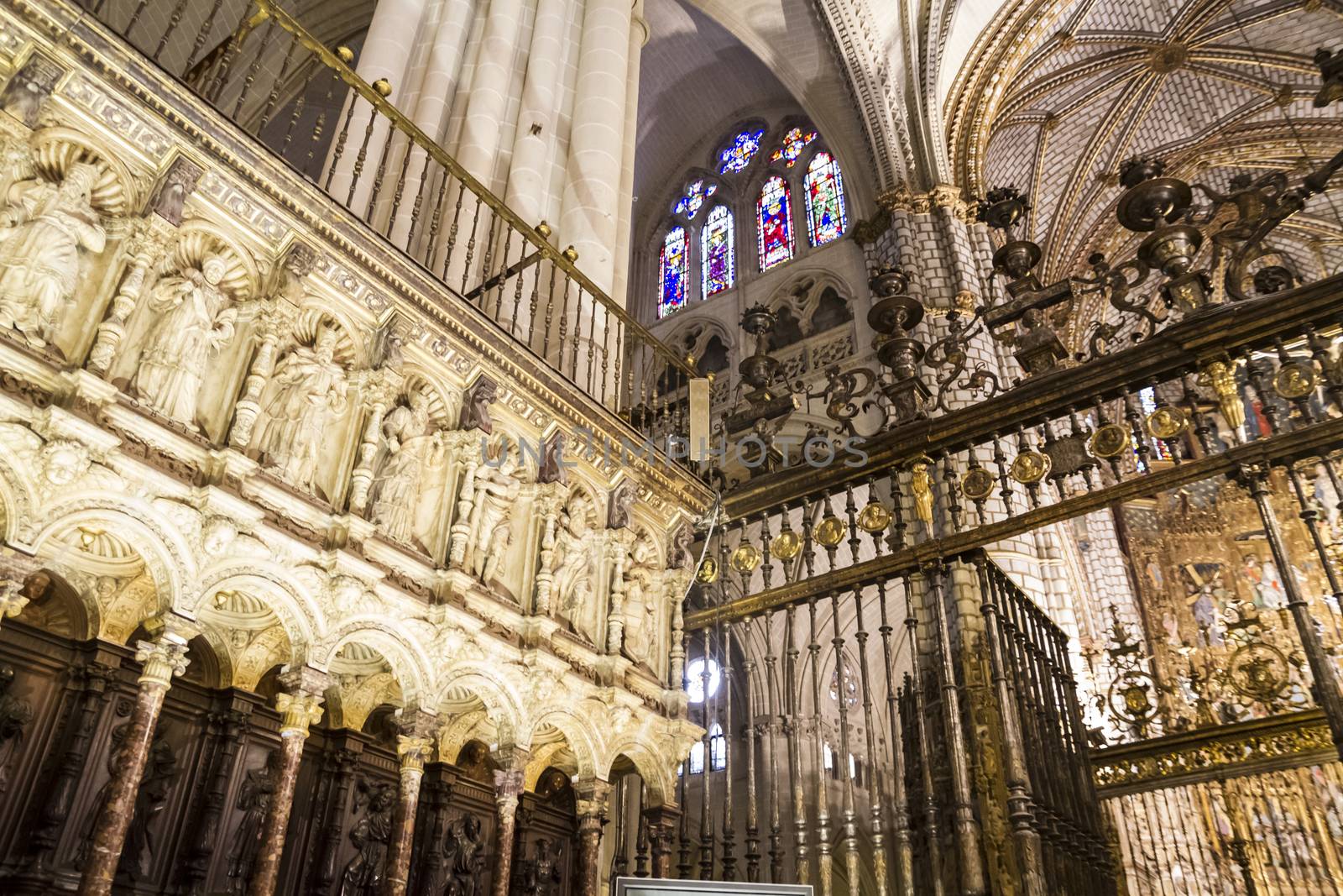 Interior of Toledo Cathedral. Arcs, organ, columns and gothic art. Spain