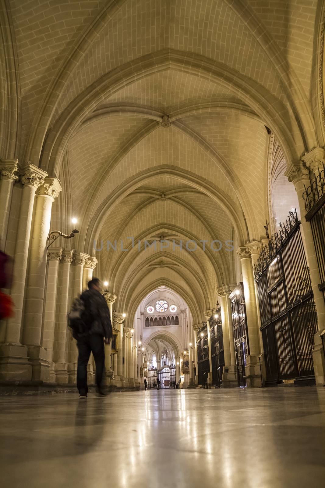 Interior of Toledo Cathedral. Arcs, organ, columns and gothic art. Spain