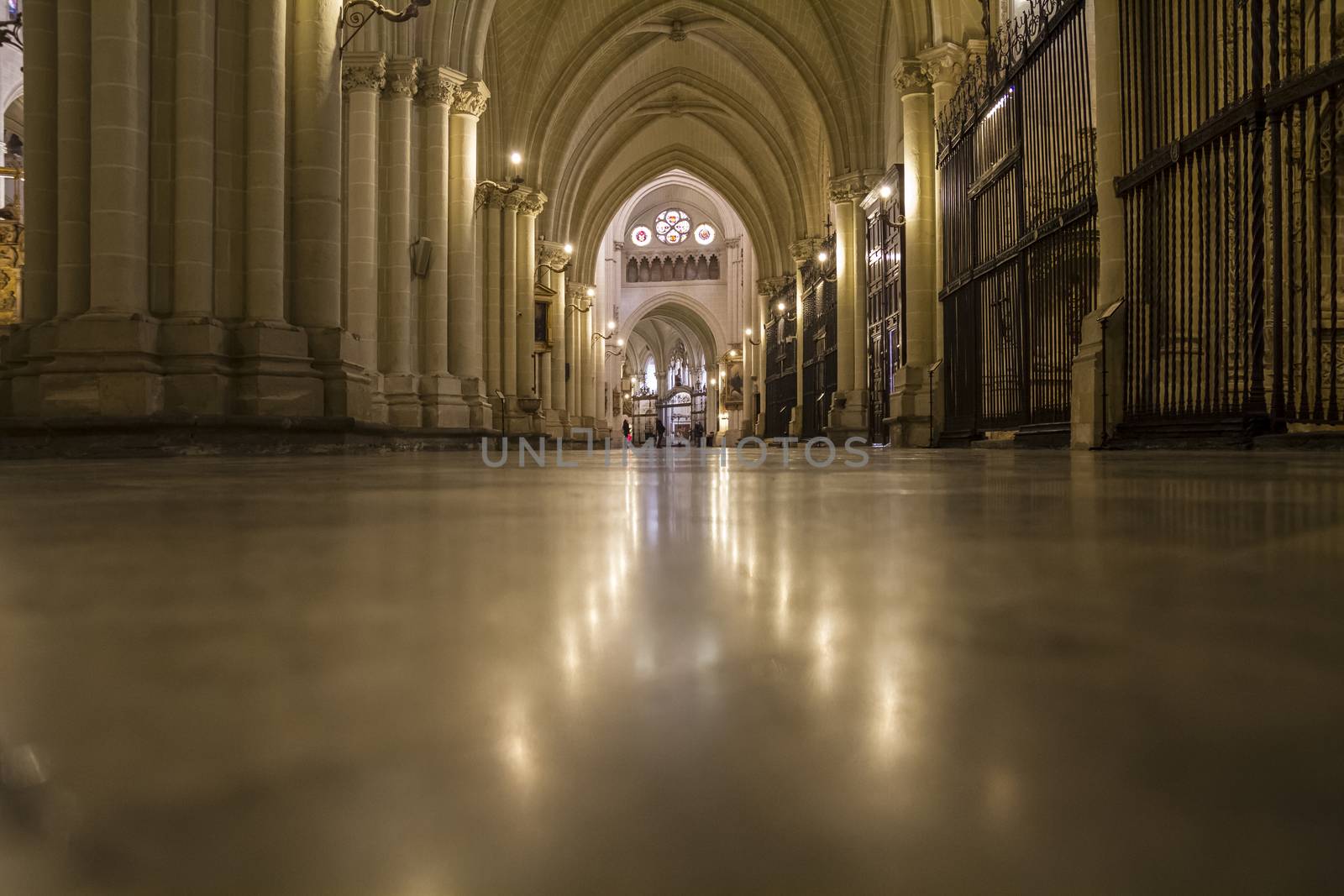 Interior of Toledo Cathedral. Arcs, organ, columns and gothic art. Spain