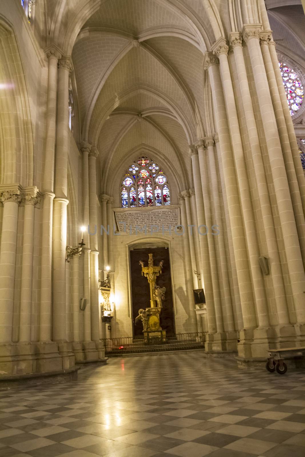 Interior of Toledo Cathedral. Arcs, organ, columns and gothic art. Spain