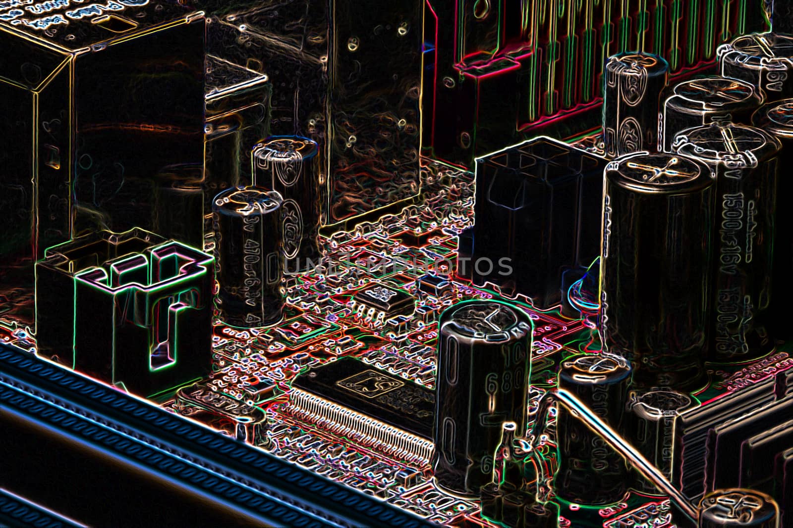 Computer board reproduced in neon colors glowing