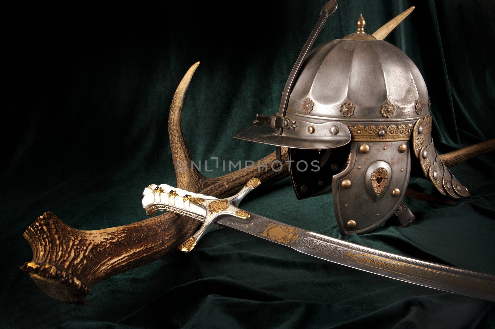 Iron helmet of the medieval knight. Very heavy headdress