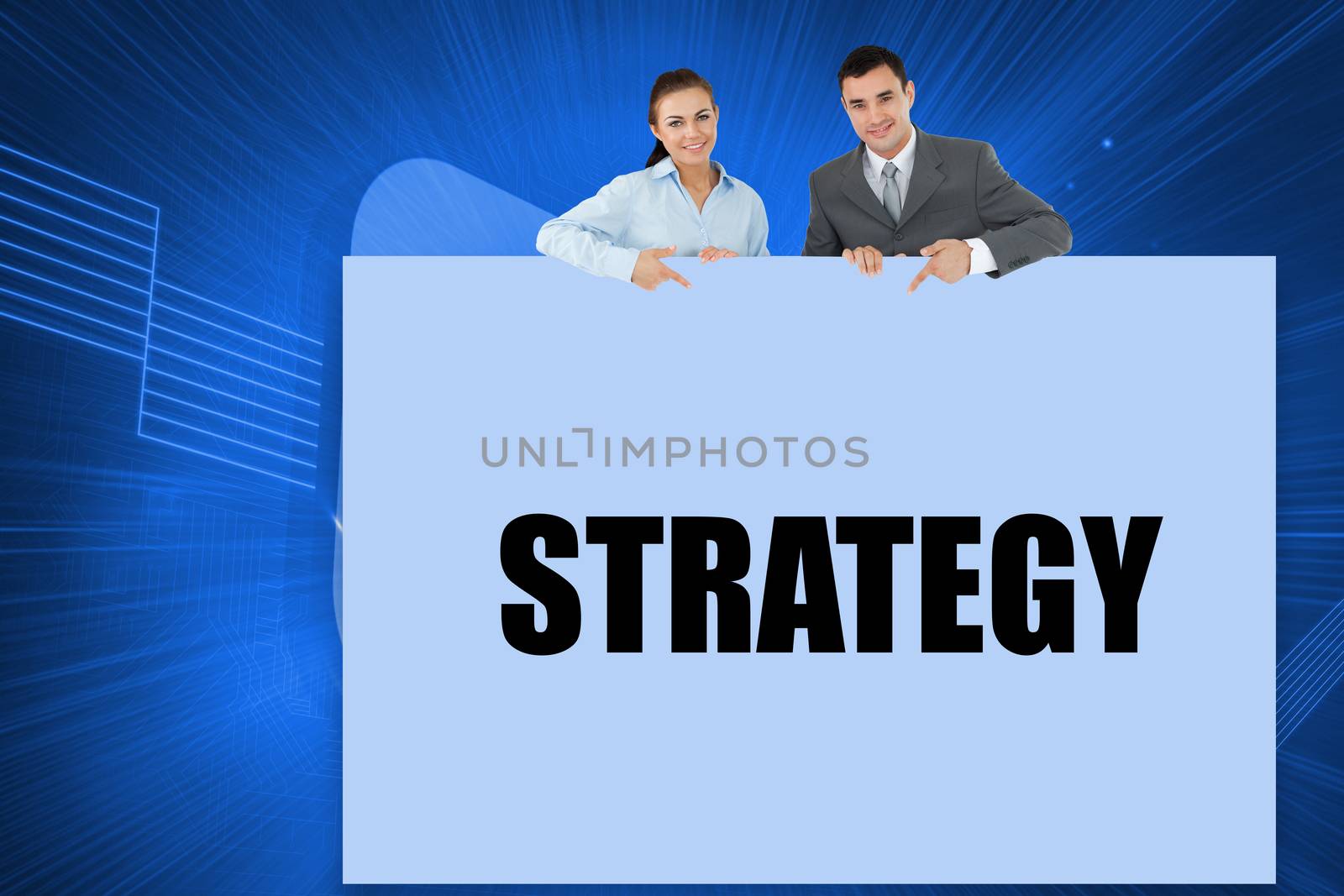 Business partners showing card saying strategy against digital background