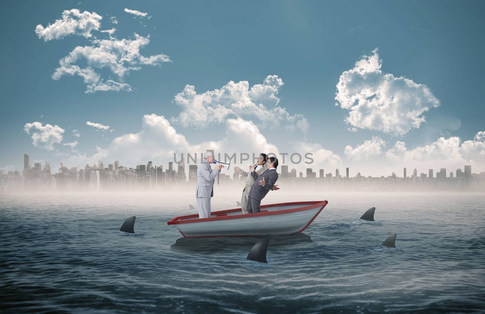 Senior salesman with megaphone yelling at his employees against sharks circling a small boat in the sea