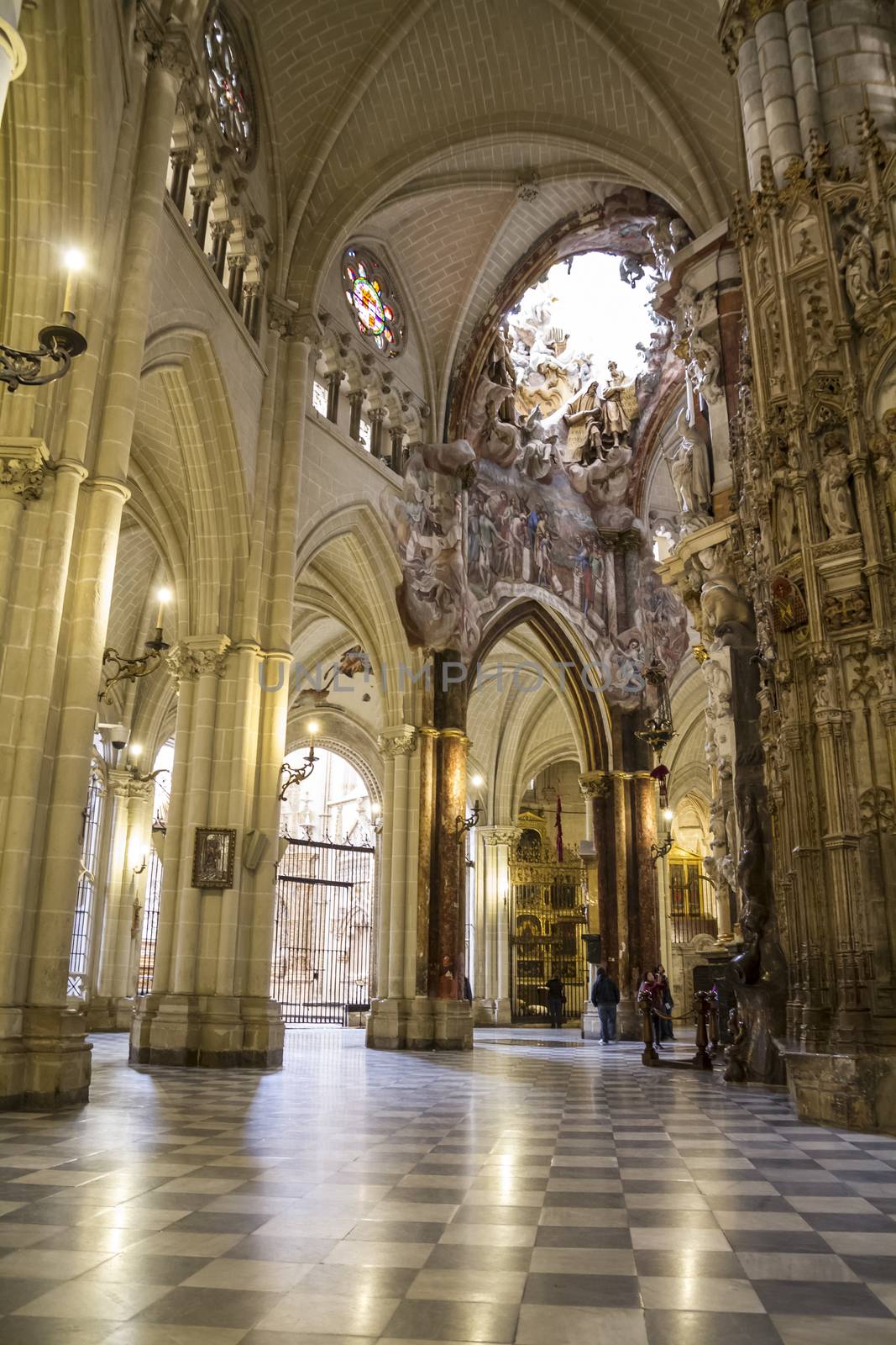 Interior of Toledo Cathedral. Arcs, organ, columns and gothic art. Spain