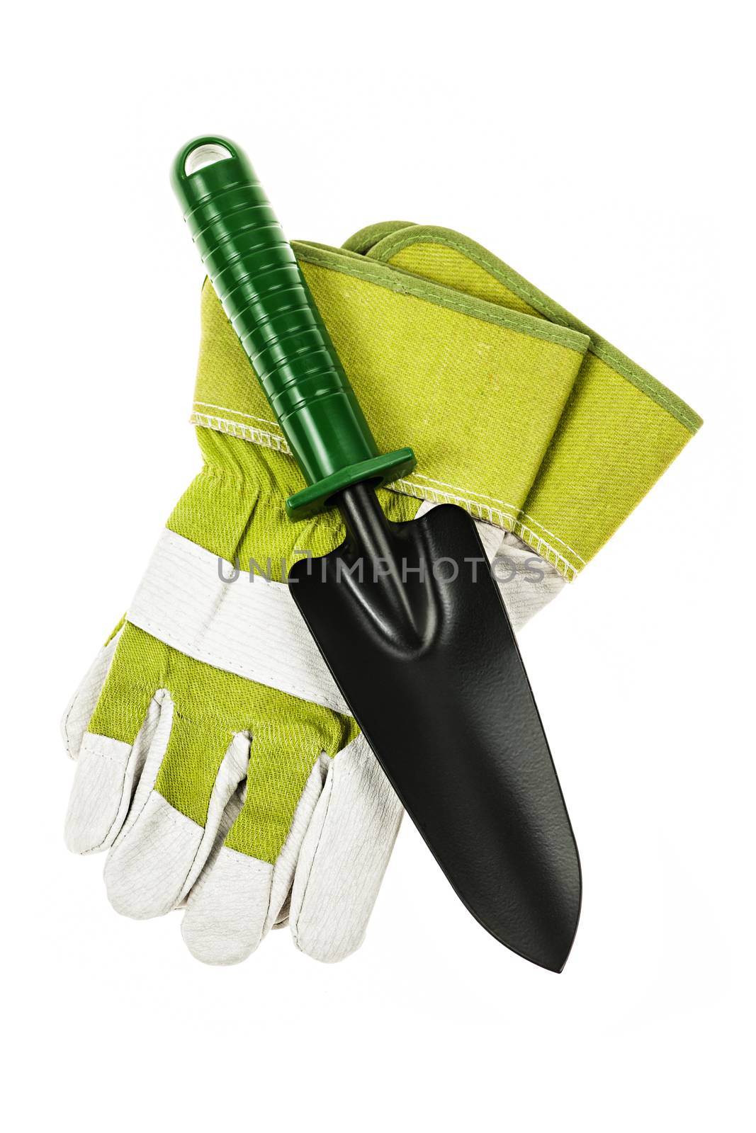 Gardening gloves and trowel isolated on white background