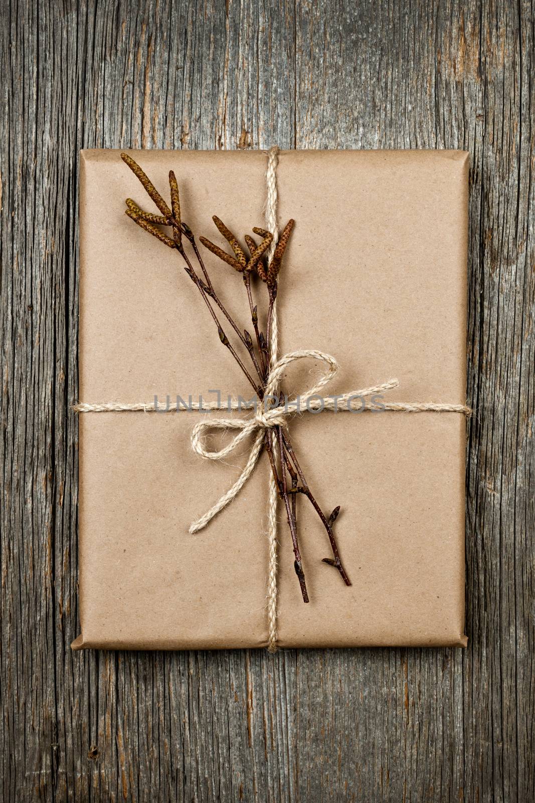 Simple gift package in brown paper decorated with birth branches on rustic wood background