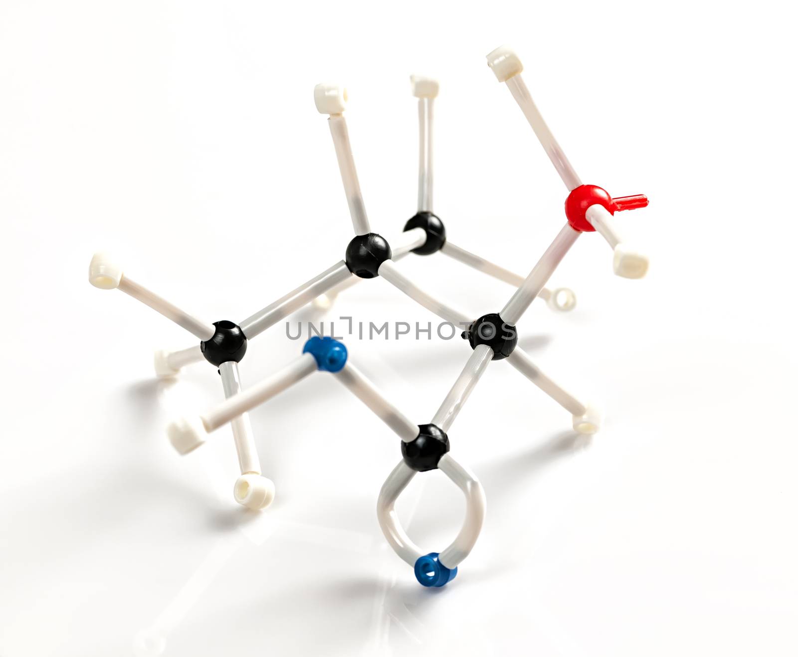 Structure of amino acid valine molecule represented with molecular model building kit