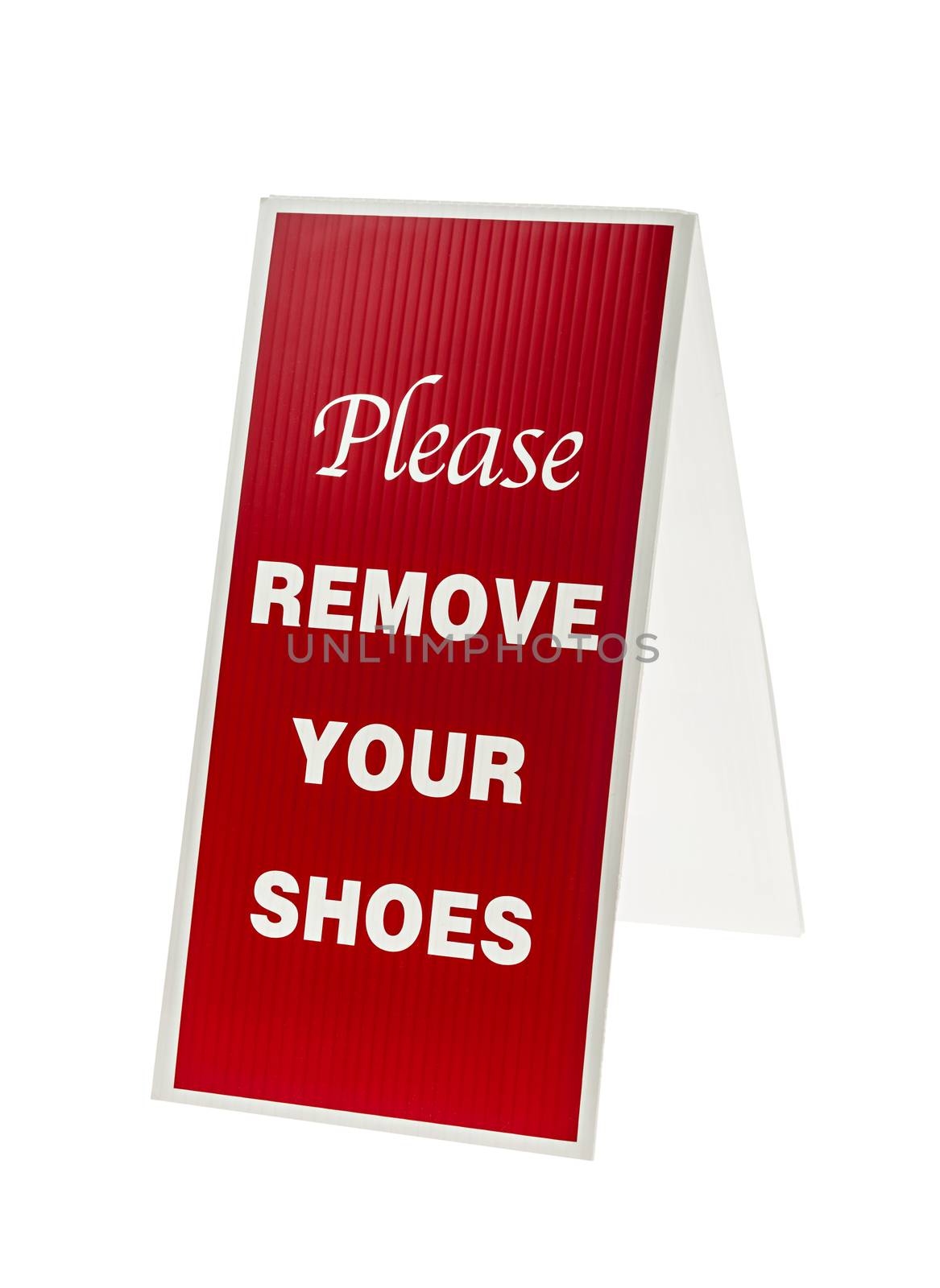 Red and white sign saying Please Remove Your Shoes isolated