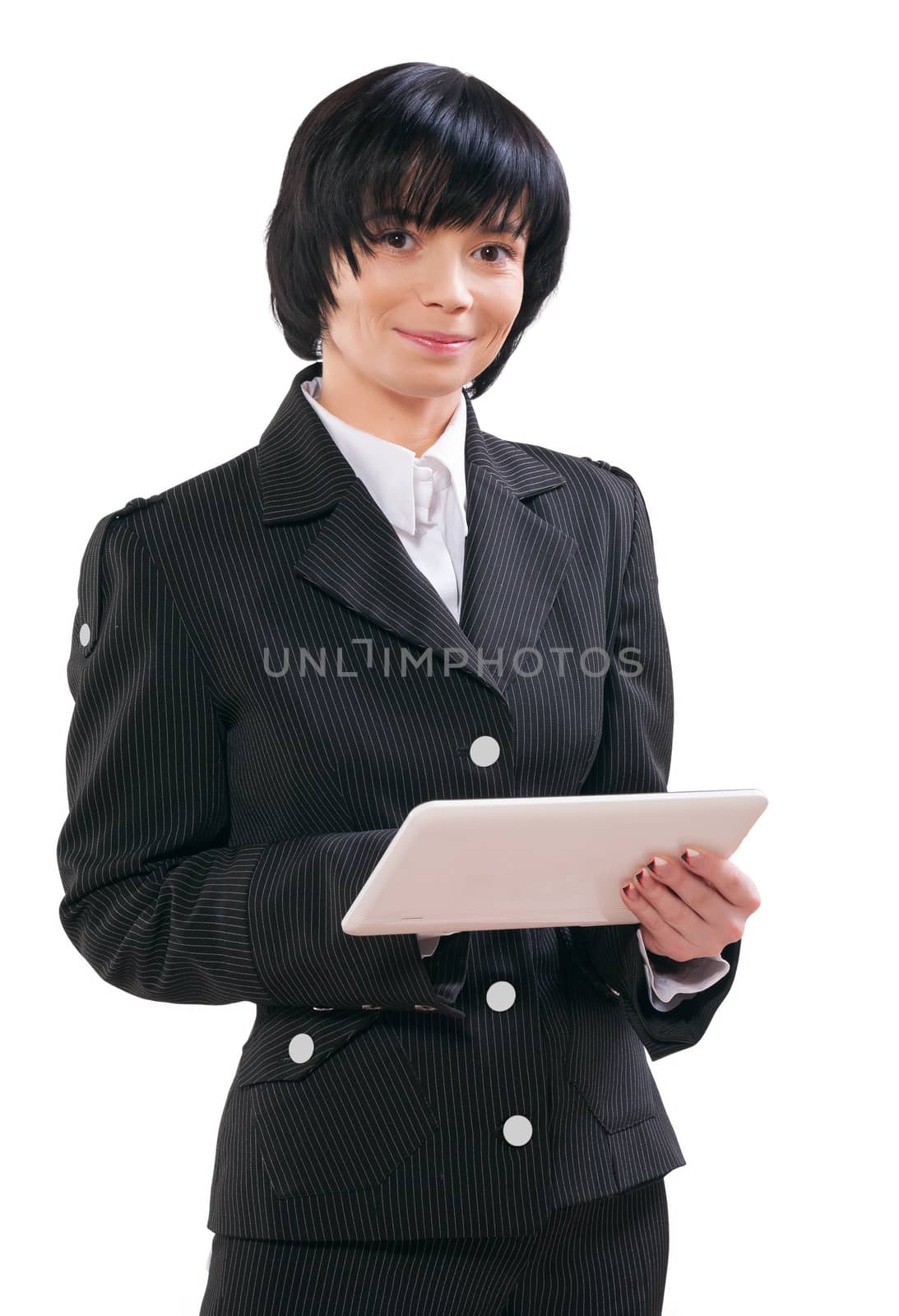 asian businesswoman holding laptop and looking at camera by mihalec