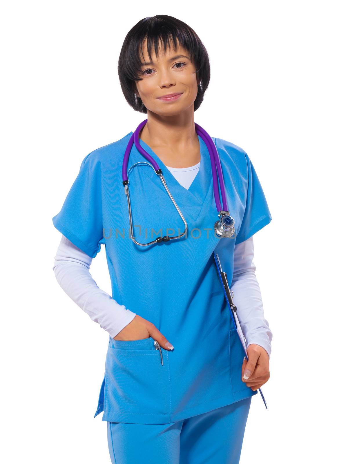 beautiful asian female doctor holding clipboard in hand isolated