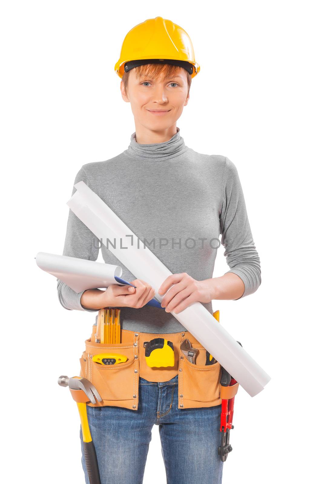 portrait of female wearing working clothes with tools holding blueprint and clipboard isolated