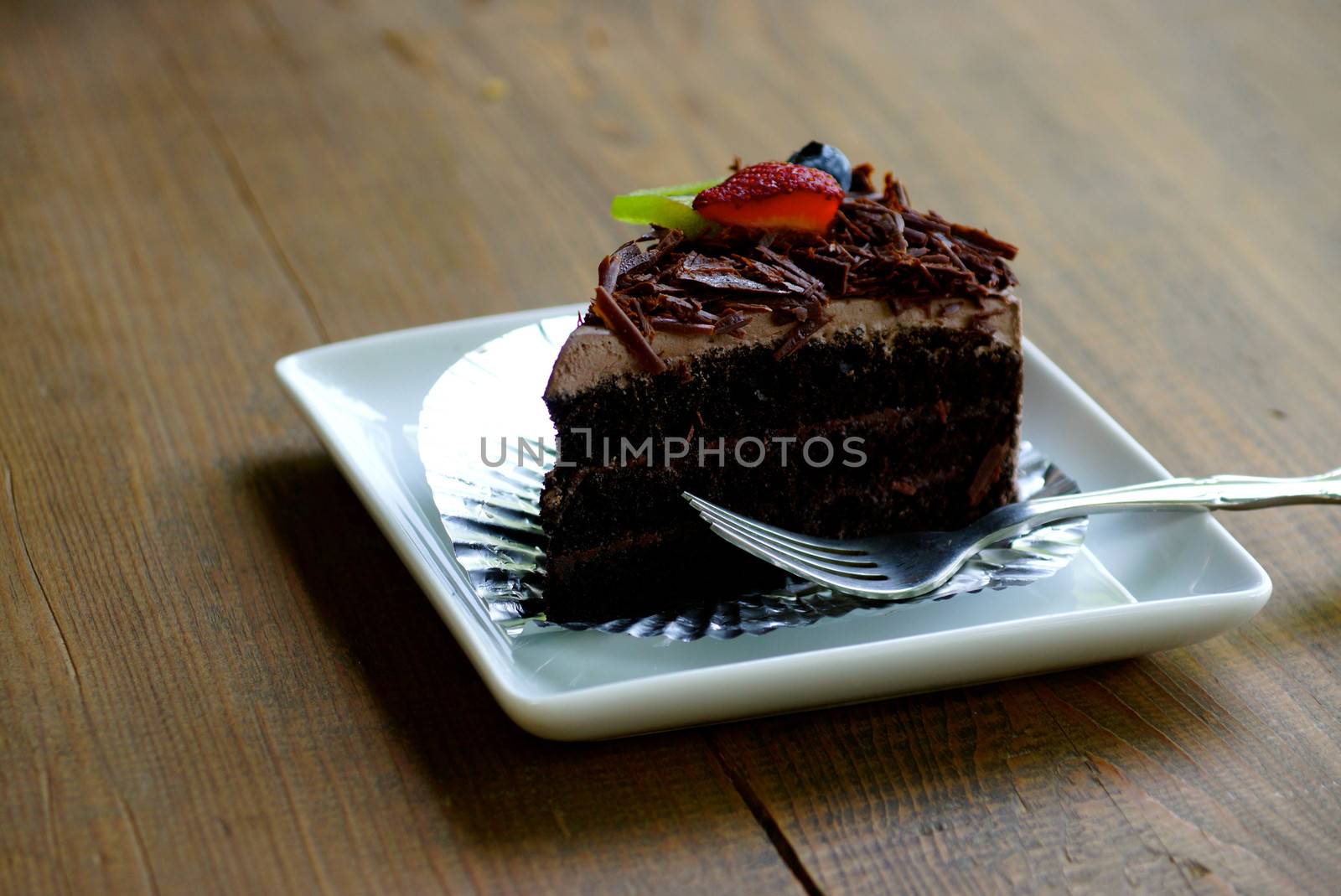 chocco browny cake on white dish,shallow focus