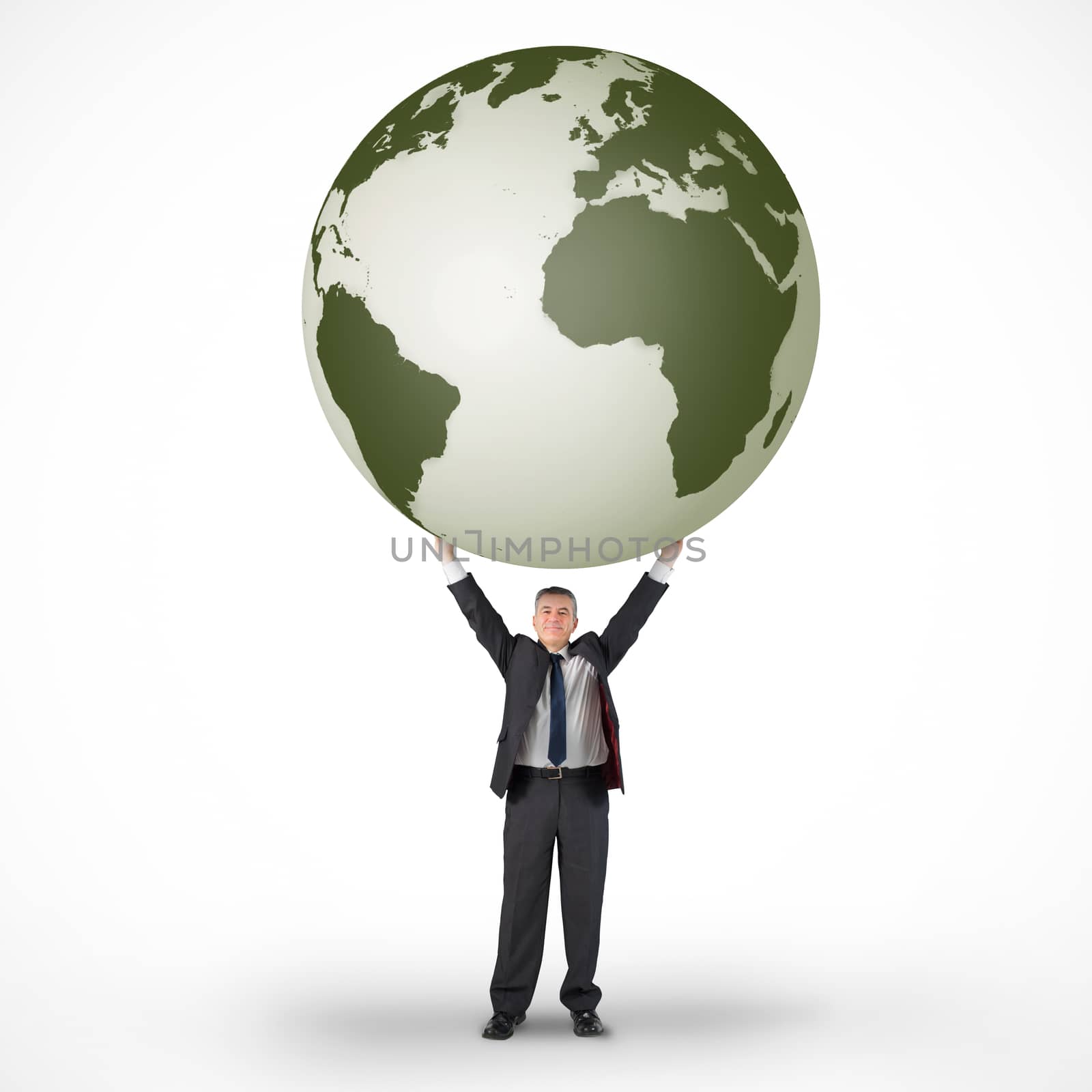 Composite image of mature businessman holding globe against white background with vignette