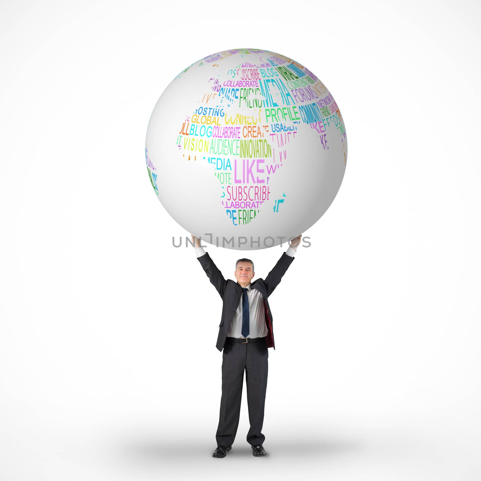 Composite image of mature businessman holding globe against white background with vignette