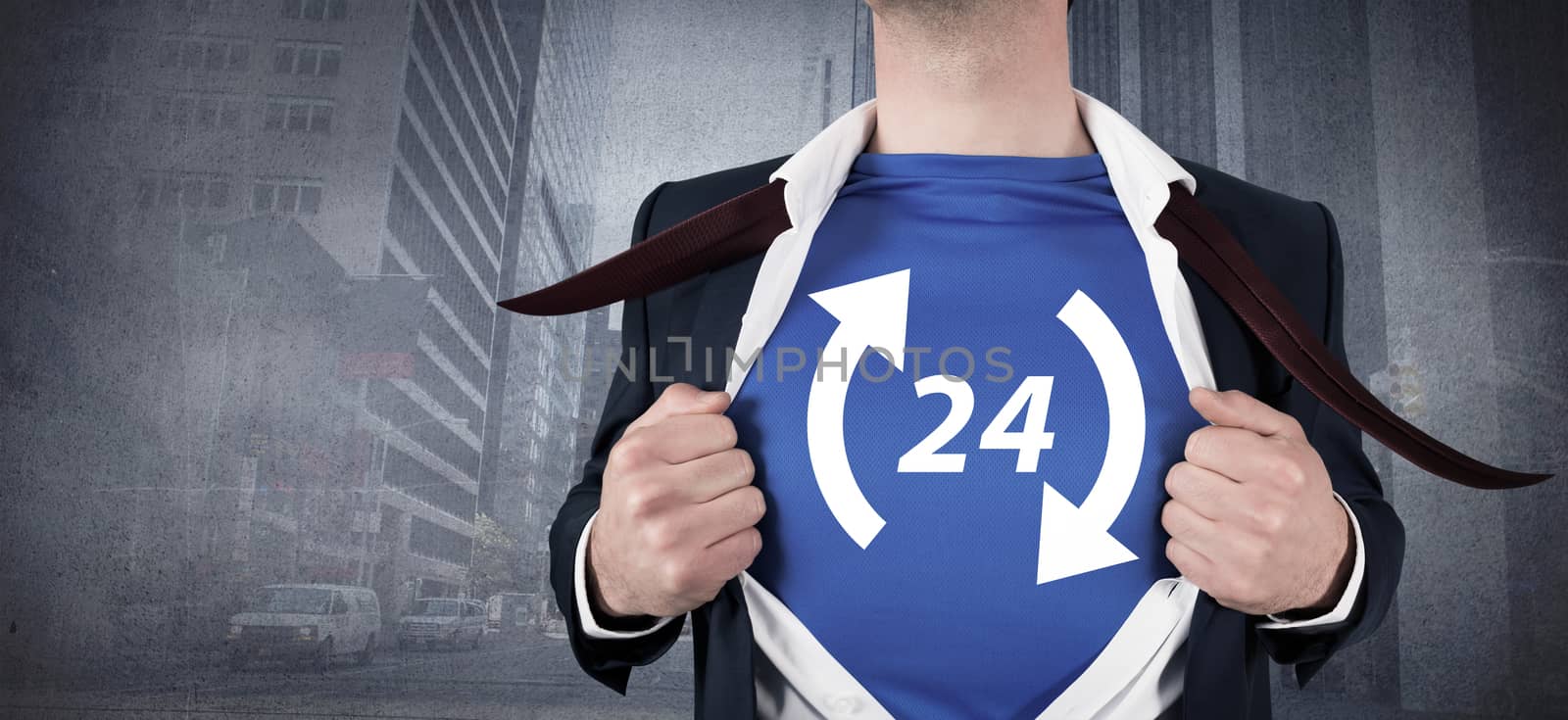 Businessman opening his shirt superhero style against urban projection on wall