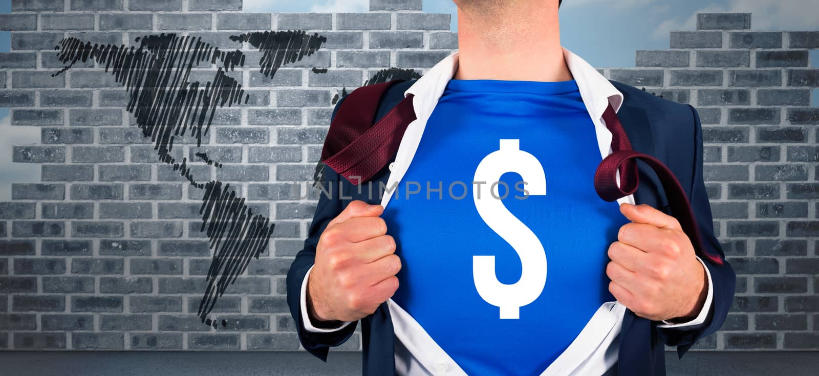 Businessman opening his shirt superhero style against world map doodle against wall