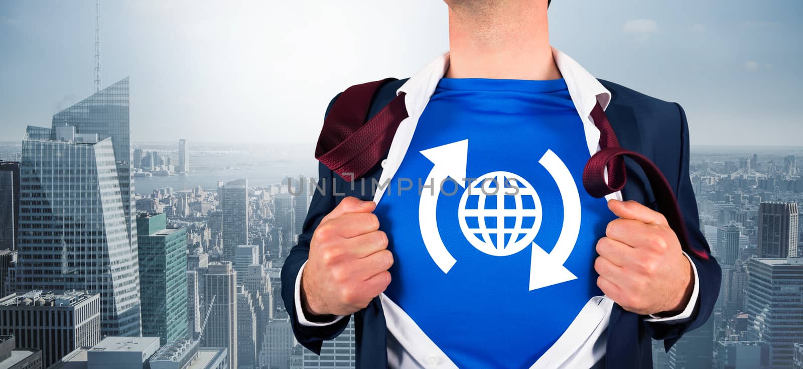 Composite image of businessman opening his shirt superhero style against cityscape
