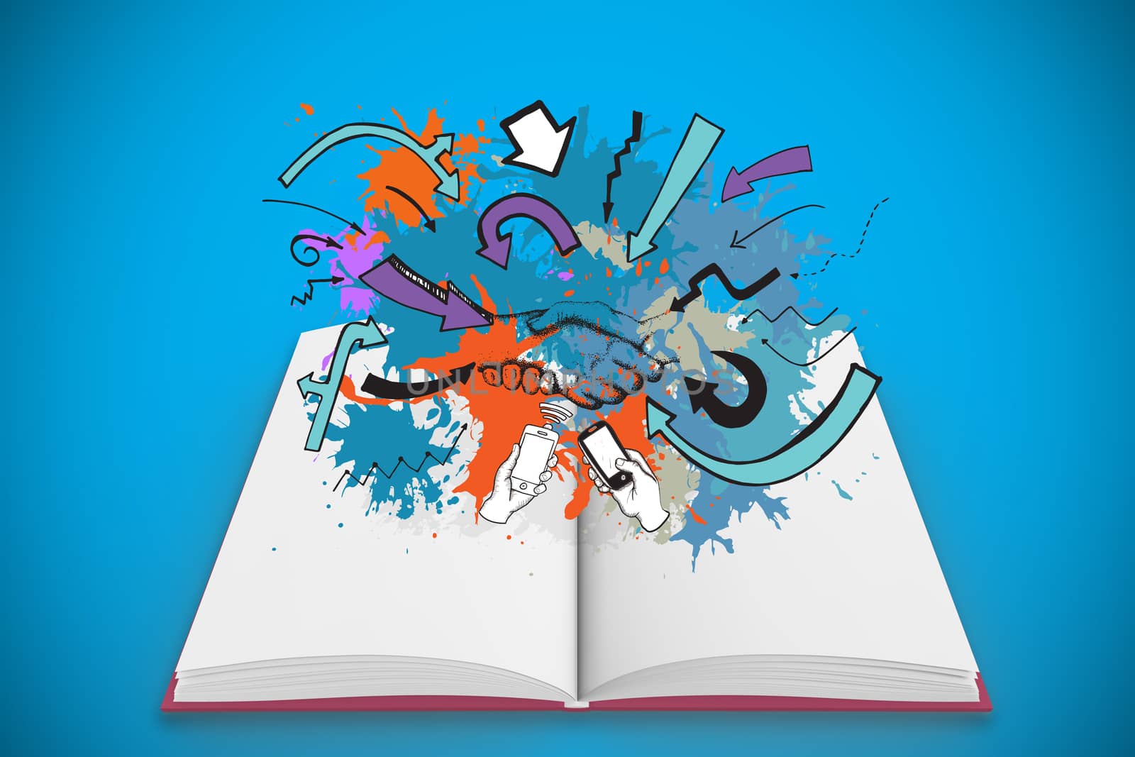 Composite image of communication concept on paint splashes on open book against blue background with vignette