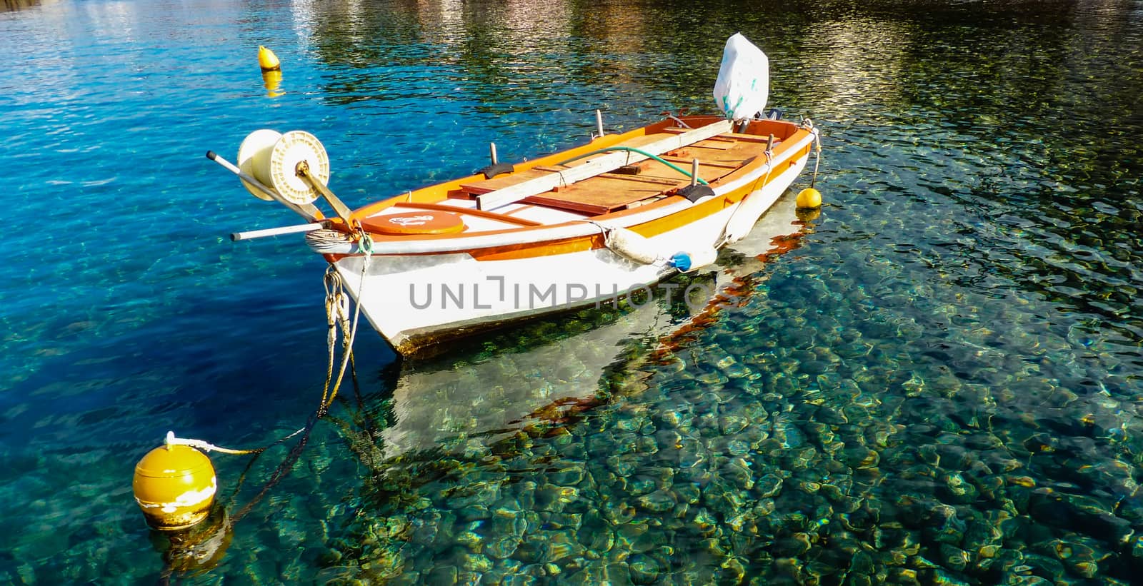 Old boat in blue green sea water