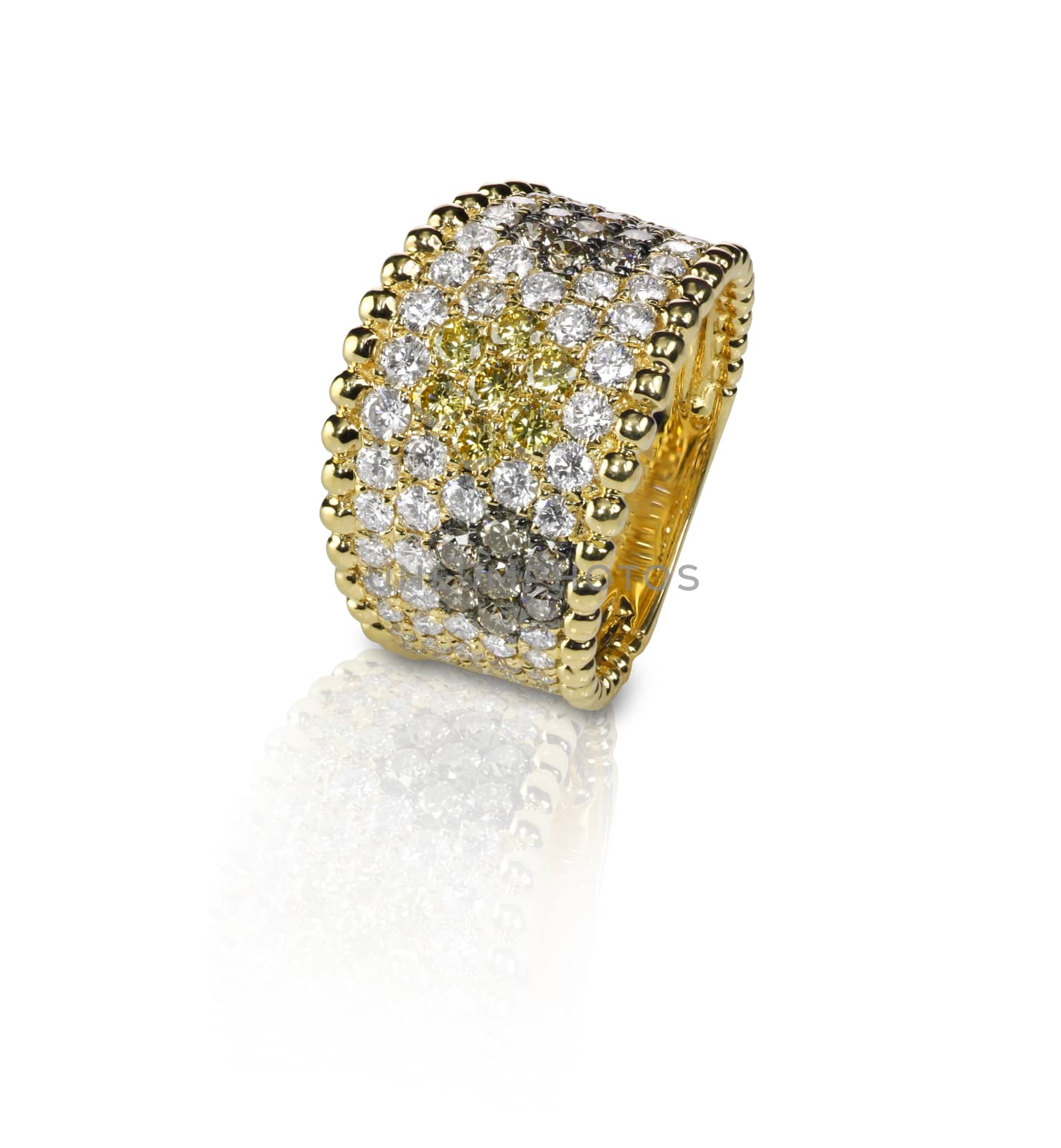 Fancy Colored diamond Pave ring with yellow brown and white stones. Isolated on white with a reflection