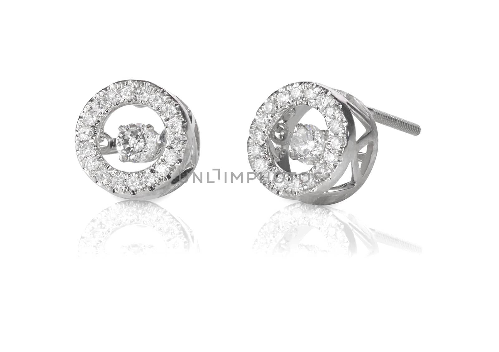 Diamond Halo floating stud earrings isolated on a white background with reflection