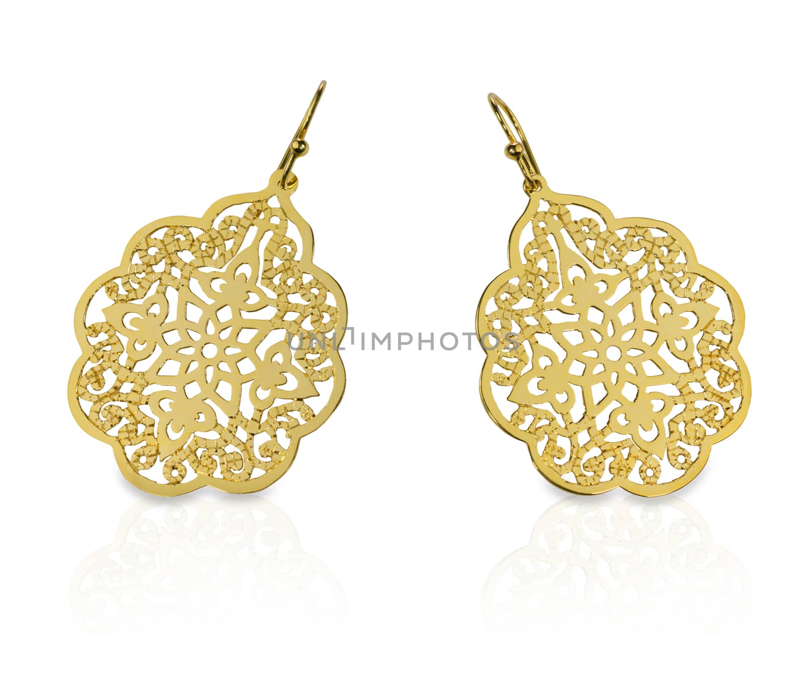 Elaborate Gold Filigree Dangle Earrings Isolated on a white background with reflection