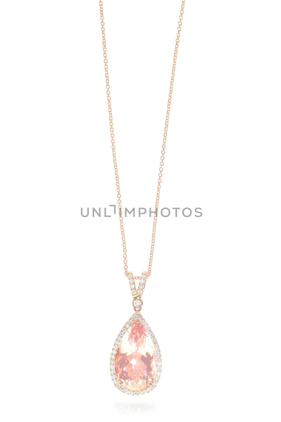 Pink cushion cut droplet morganite gemstone set in a halo of diamonds with a rose gold setting and chain.