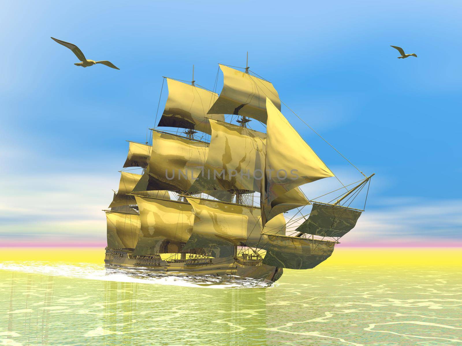 Beautiful detailed golden old merchant ship next to seagulls