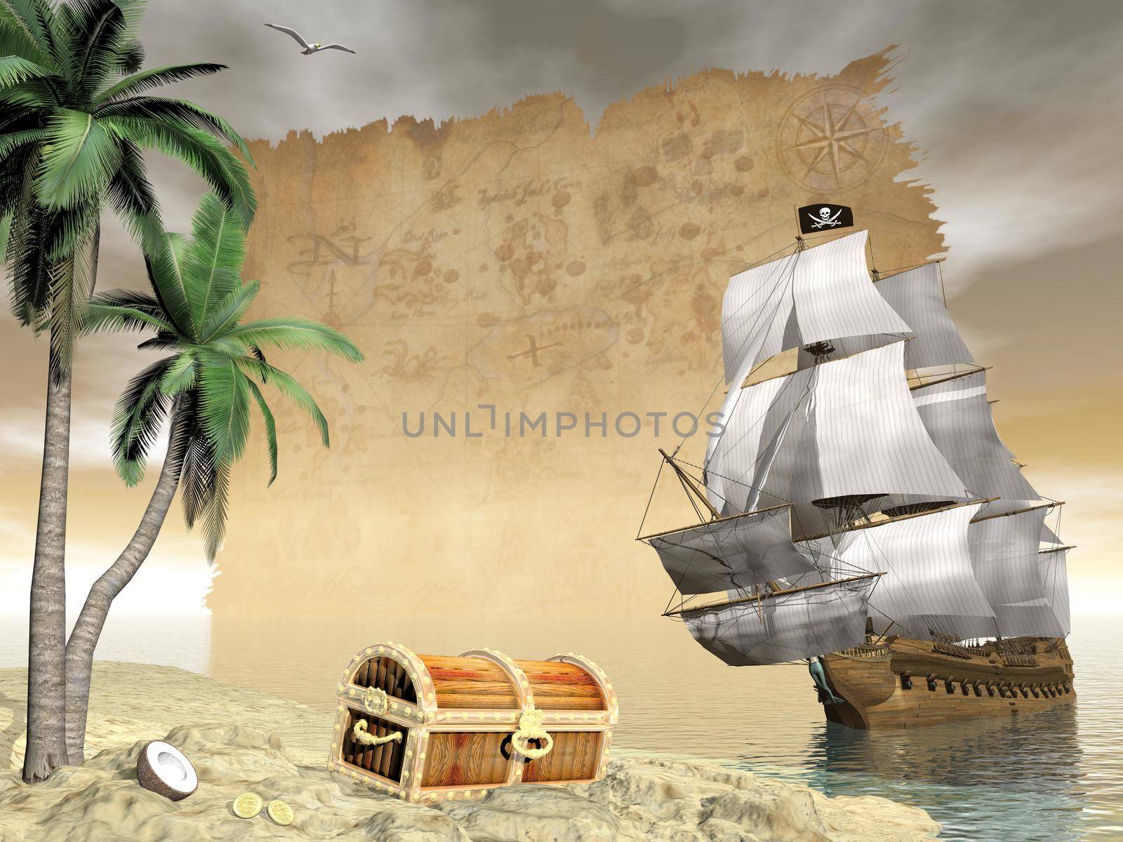 Pirate ship holding black Jolly Roger flag floating on the ocean toward an island showing treasure box by cloudy sunset with seagulls flying and old map