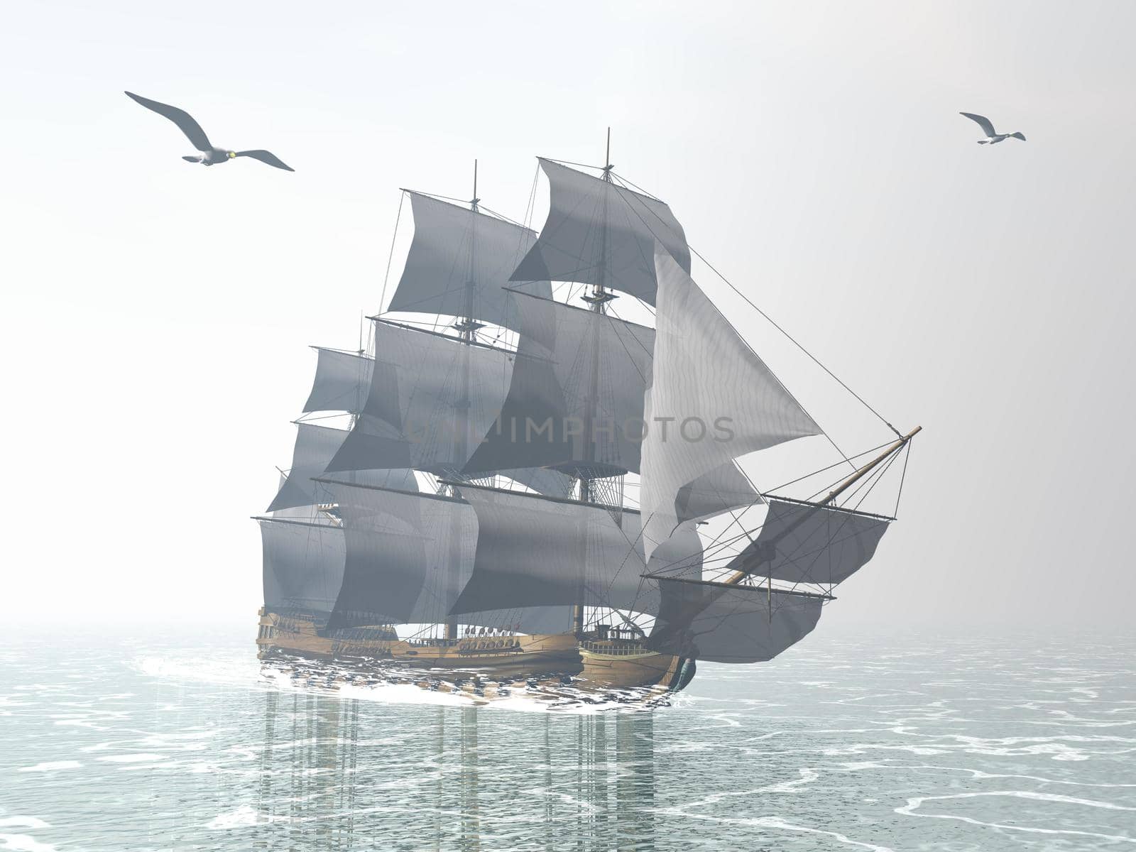 Beautiful detailed old merchant ship next to seagulls by foggy morning light