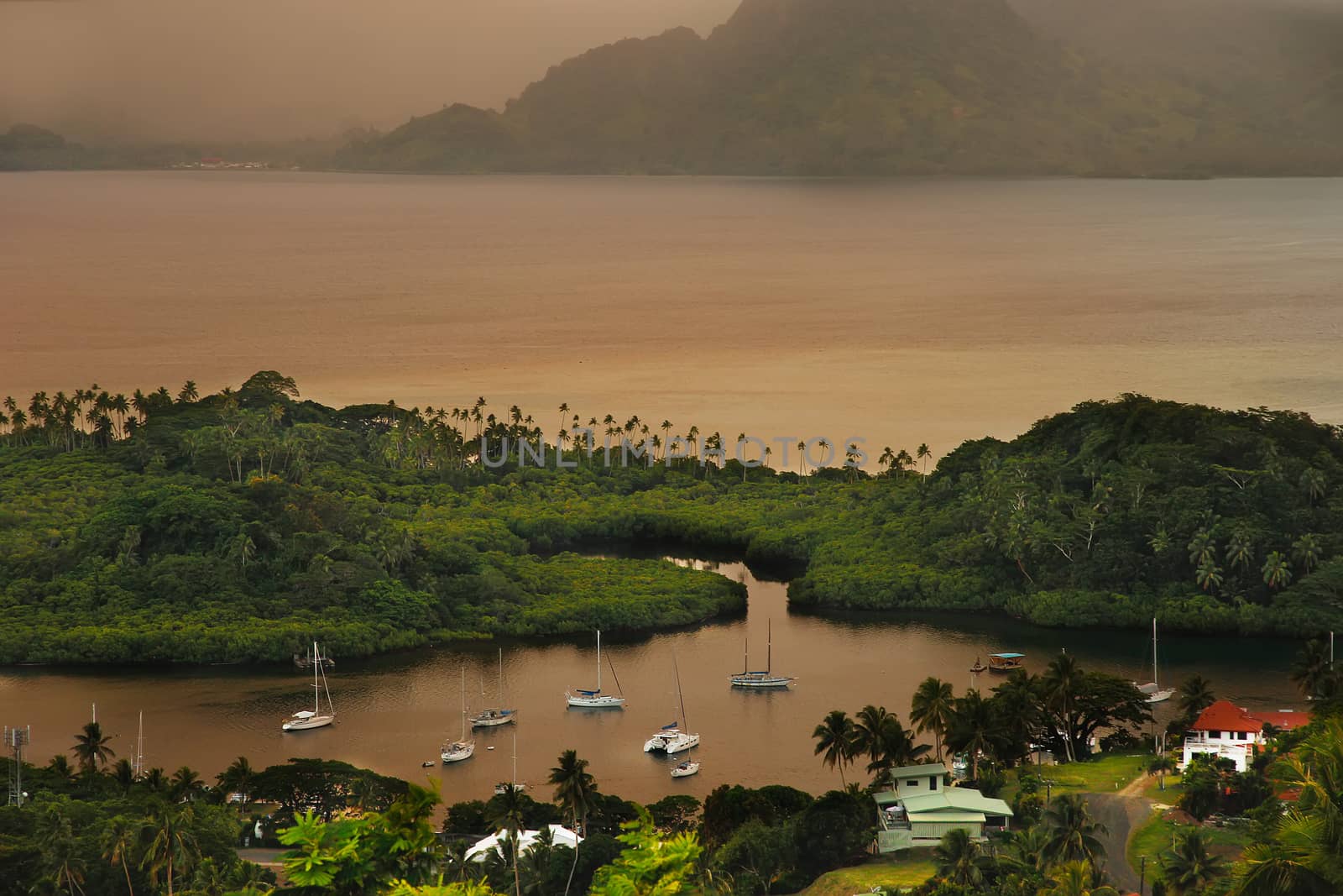 Savusavu marina and Nawi islet at sunset, Vanua Levu island, Fiji, South Pacific