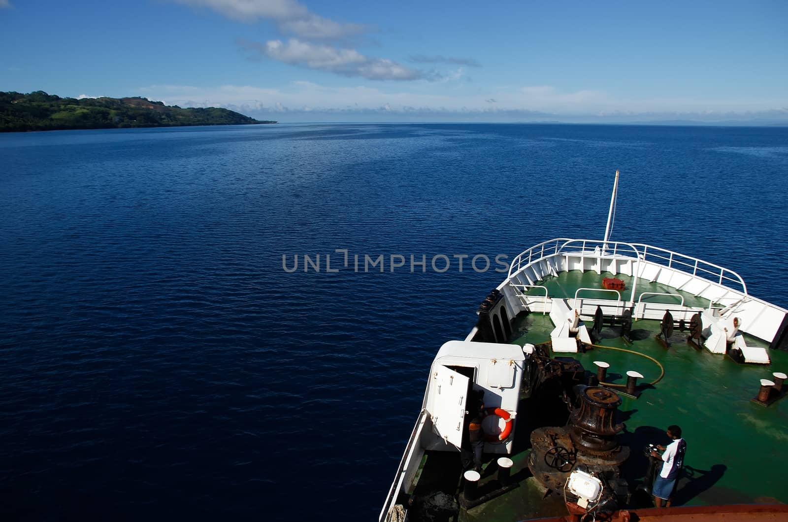 Big ship going along Vanua Levu island, Fiji, South Pacific