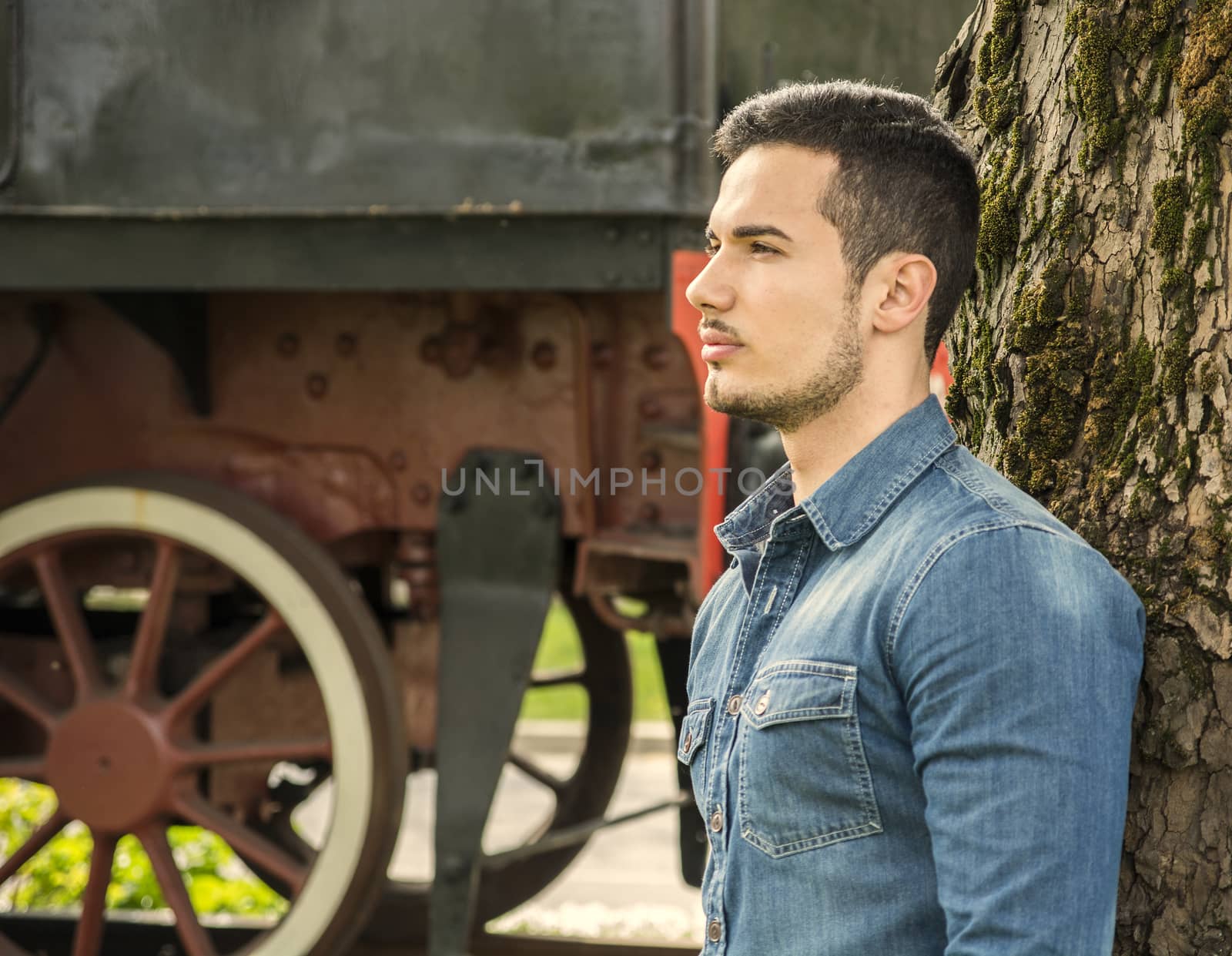 Profile of young man in denim shirt near old train, leaning against tree, looking at camera