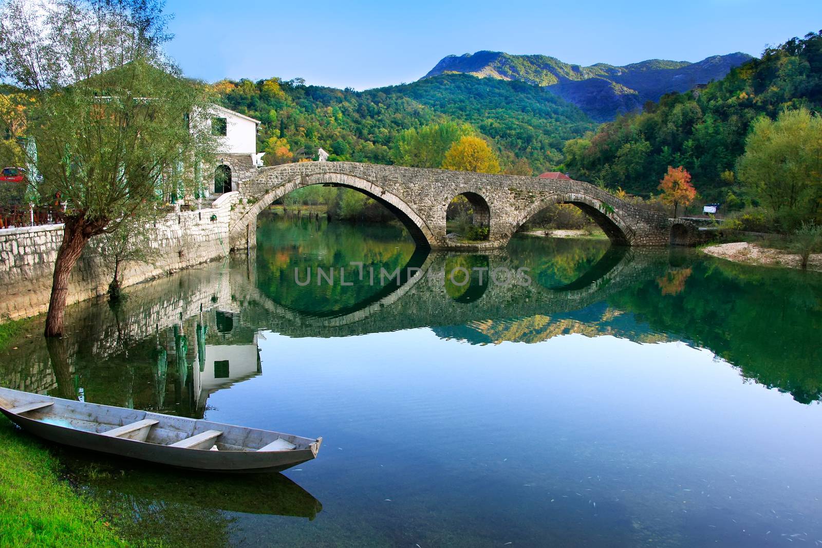 Arched bridge reflected in Crnojevica river, Montenegro by donya_nedomam
