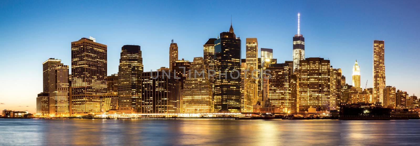 Panorama of New York City Manhattan skyline at dusk from Brooklyn