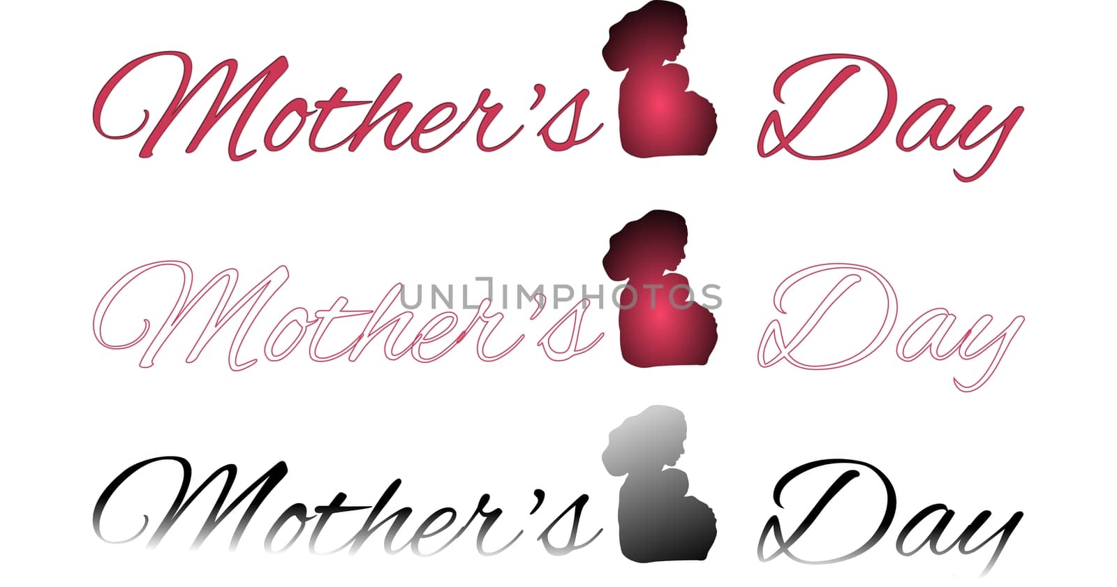 Set of inscriptions "Mother's day" with shadow of mother with baby isolated on a white background
