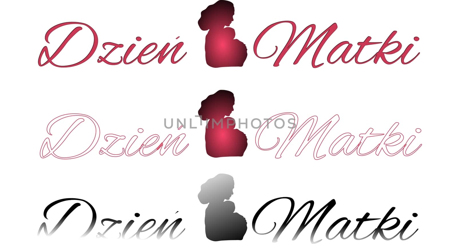 Set of inscriptions "Mother's day" with shadow of mother with baby isolated on a white background