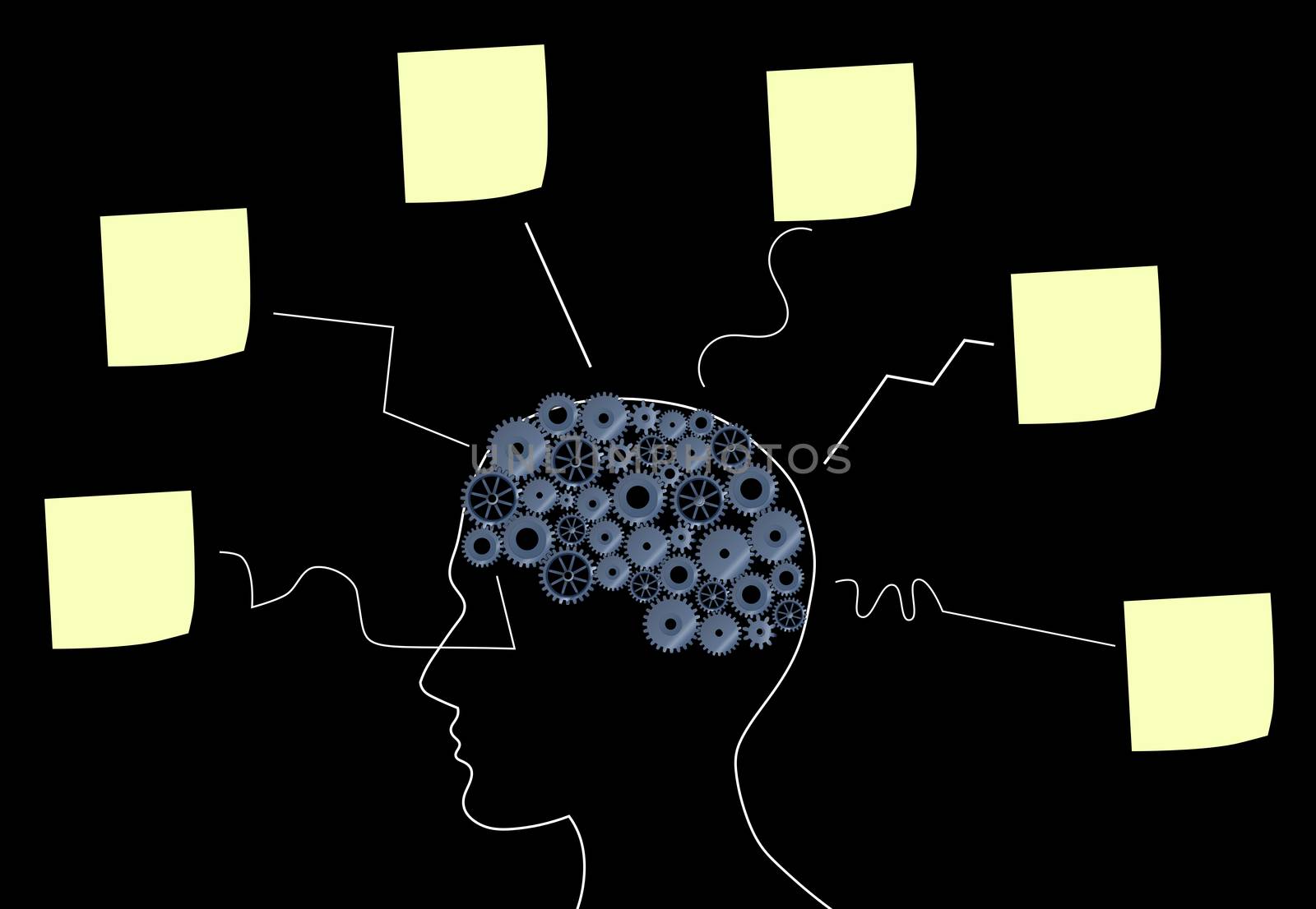 Illustration of a brain with many ideas on paper notes on a black background