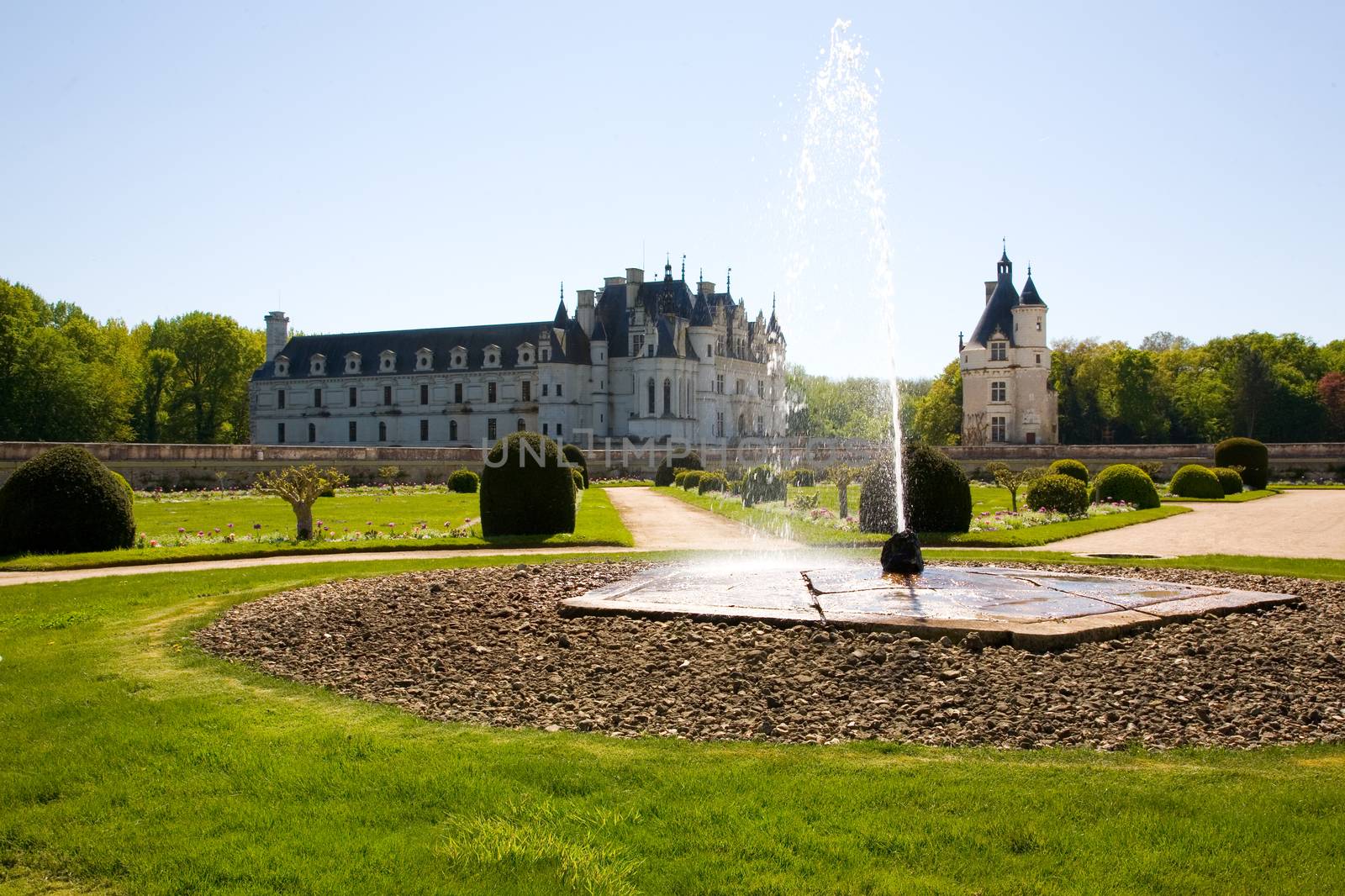 Chateau de Chenonceau backlighted from the garden