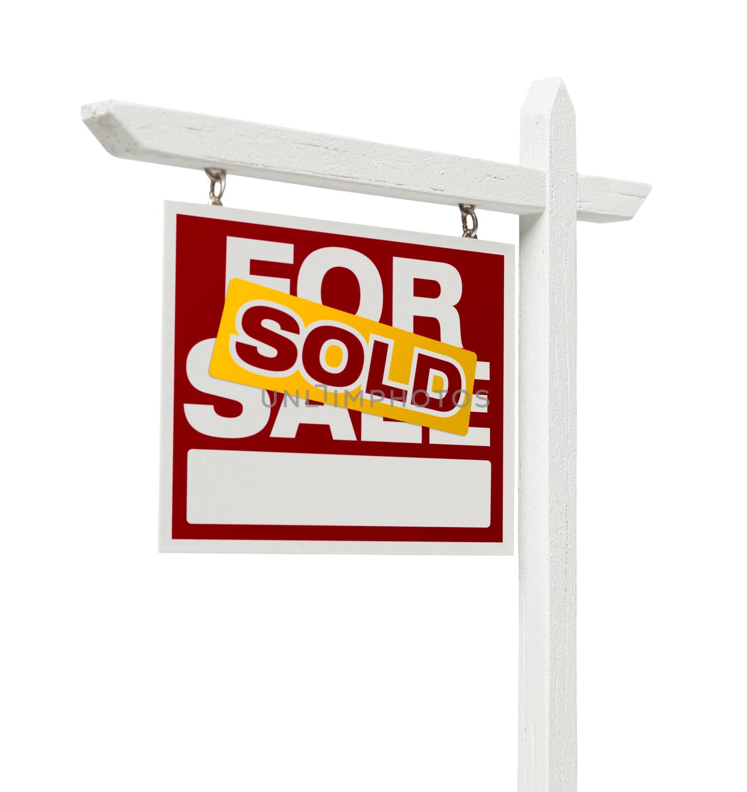 Left Facing Sold For Sale Real Estate Sign with Clipping Path Isolated on White.