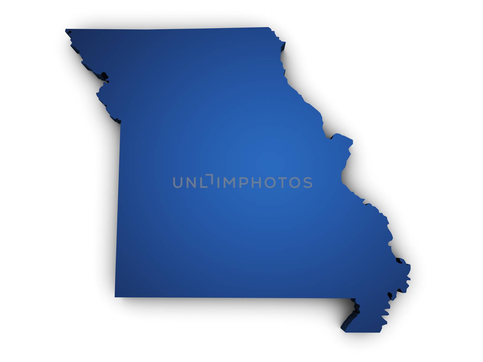 Shape 3d of Missouri State map colored in blue and isolated on white background.