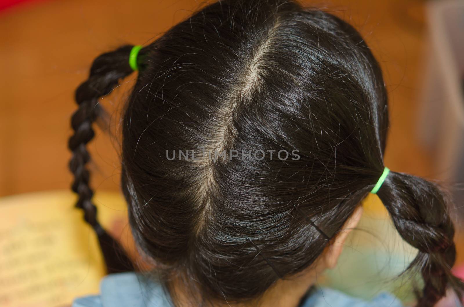 Asian girl portraits. The back of the girl's pigtails